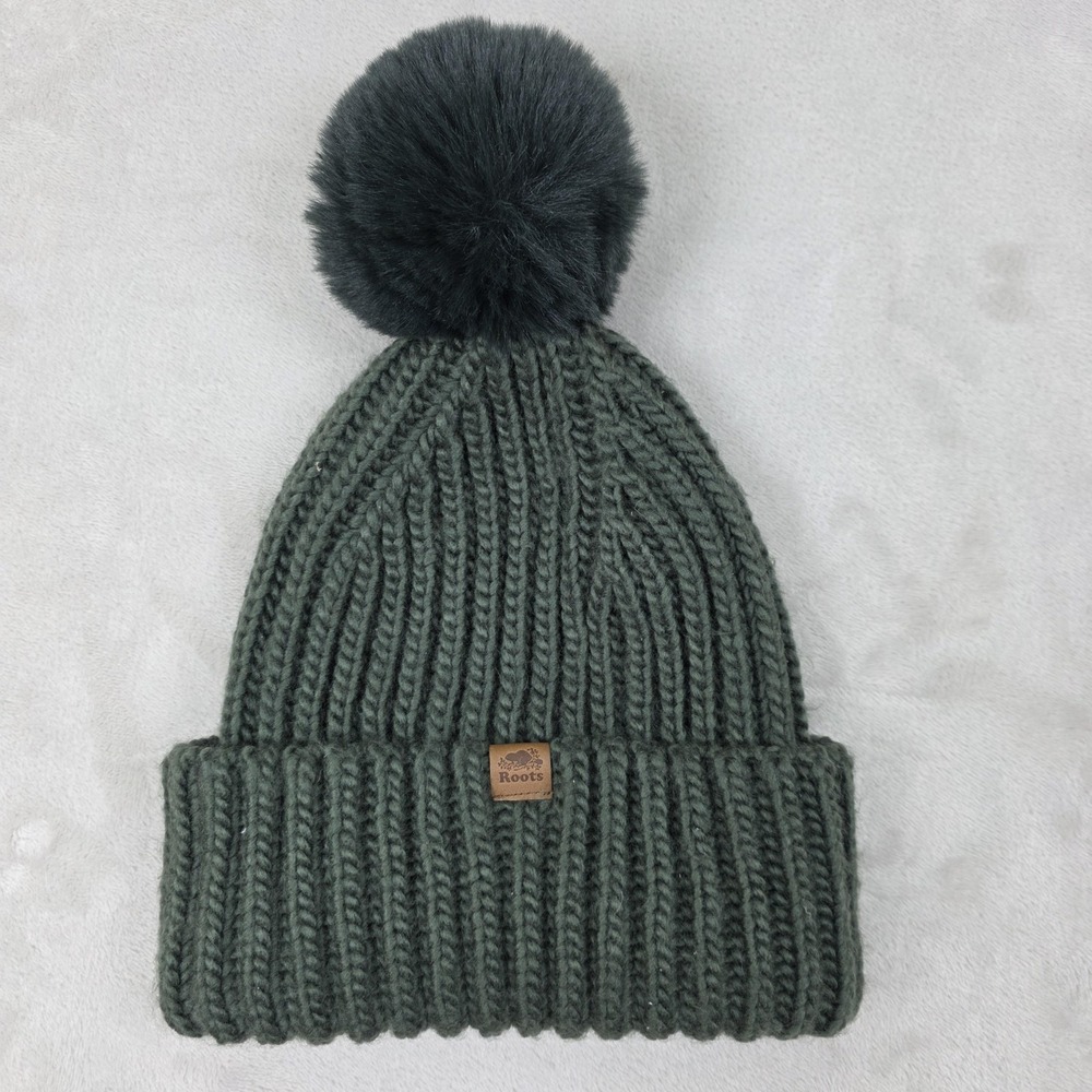 Roots Hat Beanie Fitted Womens One Size Green Pom Knit Winter Heavyweight Chunky